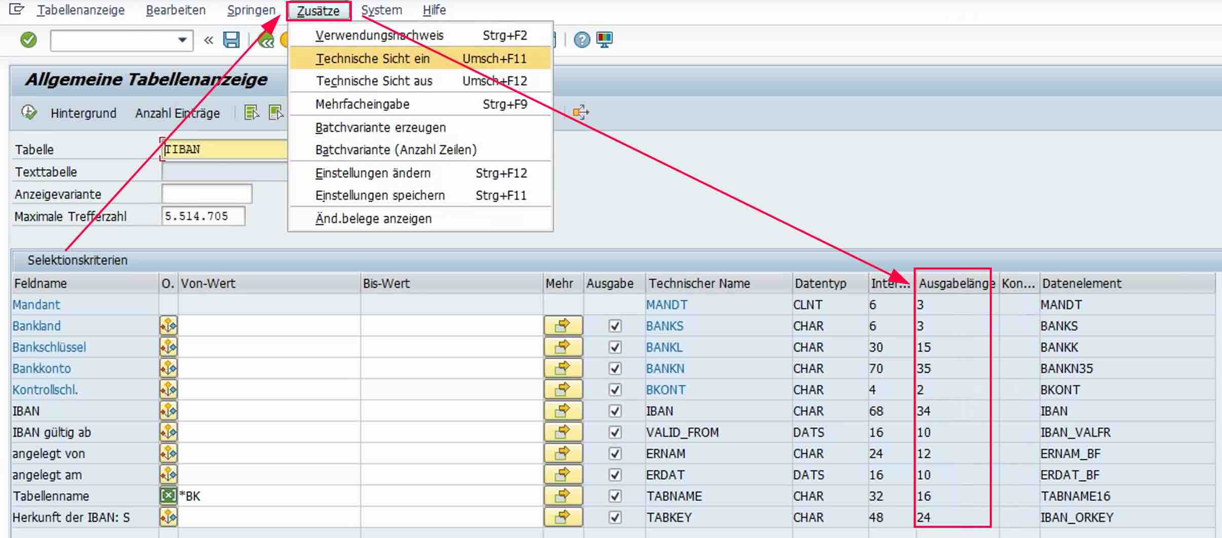 Feldlängen anzeigen